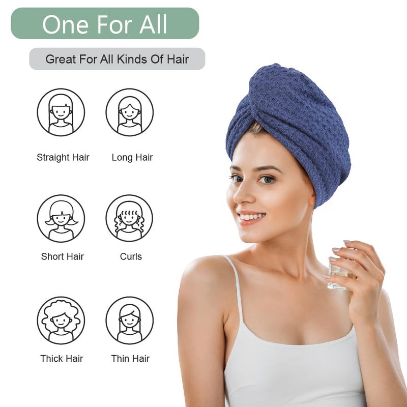 Dolwis Microfiber Hair Drying Towel - 2Packs Waffle Long Hair Head Turban Wraps Terry Cloth Fast Absorbent Dry Anti Frizz Twist Plopping Curly Shower Turban for Women Wet Hair (Dark Blue) - Image 2